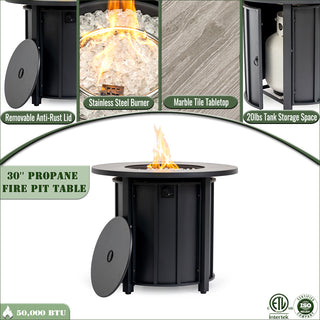 30" Propane Gas Fire Pit Table, 50000 BTU Round Steel Fire Pit with Wood Grain Ceramic Tabletop for Outside Patio Deck Garden Backyard- Black