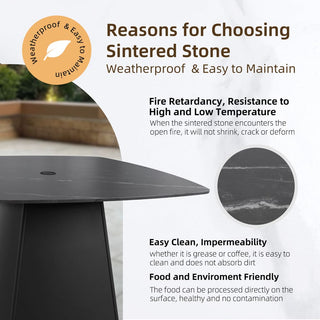Modern 44" Rounded Square Outdoor Dining Table – Black Sintered Stone Top with Flared Aluminum Pyramid Base
