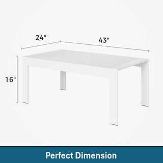 43" All-Weather Aluminum Patio Coffee Table, Modern White/Gray Rectangle Outdoor Table