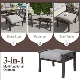 Set of 2 All-Weather 26” Width Metal Ottomans, Khaki Frame with Gray Cushions