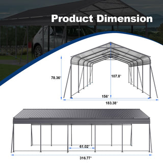 Heavy-Duty Metal Garage Canopy with Galvanized Steel Roof & Frame, Outdoor Carport Storage Shed for Cars, Boats & Trucks – Gray