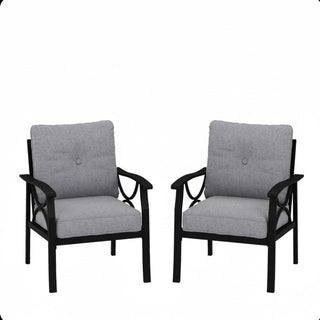 Set of 2 All-Weather Metal Armchairs, Black/Khaki Frame with Gray/Beige Cushions