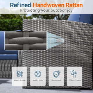 4-Piece Wicker Patio Conversation Set With Glass Table and Blue/Black/Gray Cushions