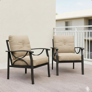 Set of 2 All-Weather Metal Armchairs, Black/Khaki Frame with Gray/Beige Cushions