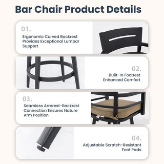 Modern 2-Piece Outdoor Swivel Bar Chairs with Sunbrella Cushions – 360° Aluminum Patio Bar Stools in Ember Black