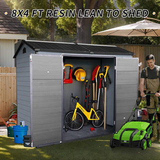 8x4 FT Resin Outdoor Storage Shed with Floor, 2 Windows & Lockable Door for Garden Tools, Bikes & Trash Cans