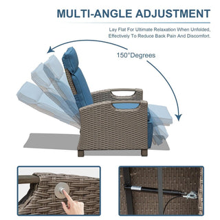 Outdoor Wicker Reclining Chair with Push-Back Backrest, Flip-Up Side Table & Thick Cushions for Patio & Backyard