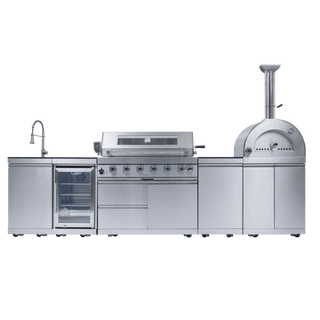 Outdoor Kitchen Island with 120,000 BTU Double Grill, Pizza Oven, Fridge, Rotisserie & Granite Countertops