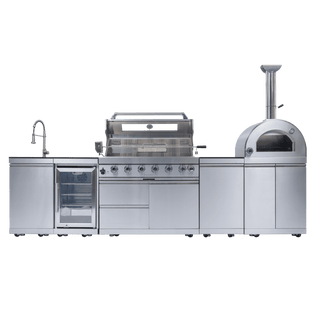 Outdoor Kitchen Island with 120,000 BTU Double Grill, Pizza Oven, Fridge, Rotisserie & Granite Countertops