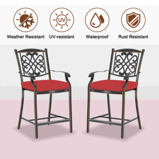 4-Piece Cast Aluminum Patio Bar Dining Chairs with Diamond-Mesh Curved Backrest – Red/Beige