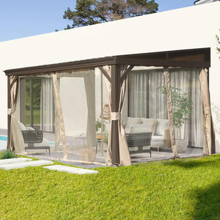 Hardtop Wall Mounted Gazebo with Sloping Galvanized Steel Roof, Aluminum Frame, Drainage System, Curtains and Netting, for Patio, Deck, Garden, Backyard