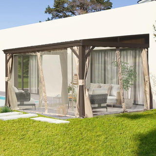 Hardtop Wall Mounted Gazebo with Sloping Galvanized Steel Roof, Aluminum Frame, Drainage System, Curtains and Netting, for Patio, Deck, Garden, Backyard