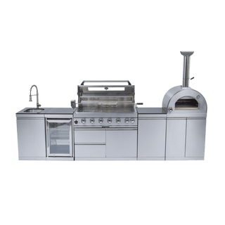 Outdoor Kitchen Island with 120,000 BTU Double Grill, Pizza Oven, Fridge, Rotisserie & Granite Countertops