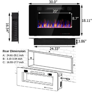 30/36/42/50/60-Inch Recessed Ultra Thin Electric Fireplace Heater with Glass Appearance