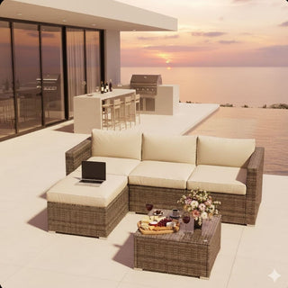 5-Piece All-Weather Wicker Patio Conversation Set With  Cushions and Glass Table