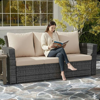 67.7" All-Weather Wicker 3-Seat Patio Sofa with Thick Blue/Biege/Gray/Black Cushions & Black Frame