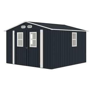 8x8 ft Outdoor Storage Shed with 4 Windows, Lockable Double Doors & Weather-Resistant Steel Frame – Garden Tool Shed