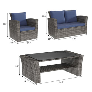 4 Piece Outdoor Patio Furniture Set, Outdoor Sectional Sofa with Tempered Glass Coffee Table and Cushions