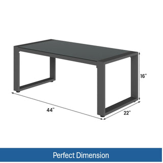 44" x 22" All-Weather Aluminum Outdoor Gray Coffee Table with Tempered Glass Top