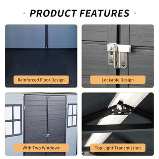 Upgraded 8x6ft Outdoor Resin Garden Shed with Floor and 2 Windows, Plastic Patio Outdoor Storage Shed with Lockable Door for Garden Tools, Bicycles, Trash Cans, Grey+Black