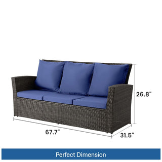 67.7" All-Weather Wicker 3-Seat Patio Sofa with Thick Blue/Biege/Gray/Black Cushions & Black Frame