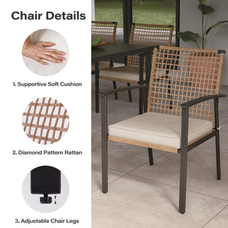 7-Piece Outdoor Patio Dining Set with 6 Wicker Chairs, 2 Swivel Rockers, Cushions & Slatted Table with Umbrella Hole for Backyard
