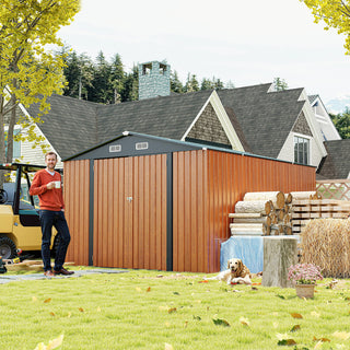 Outdoor Storage Shed 9×11 FT with 3 Lockable Doors,Utility Tool Shed Metal Storage Garden Sheds 4 Vents,Metal Sheds with Galvanized Steel Frame,for Backyard,Patio,Lawn,yellow