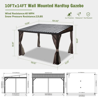 10x14 FT Wall-Mounted Lean-to Hardtop Gazebo with Gutters – Outdoor Metal Roof Patio Canopy, Durable Lean-to Pergola for Backyard & Deck