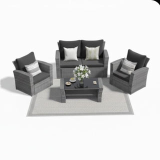 4-Piece Wicker Patio Conversation Set With Glass Table and Blue/Black/Gray Cushions