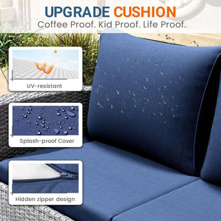 4-Piece Wicker Patio Conversation Set With Glass Table and Blue/Black/Gray Cushions