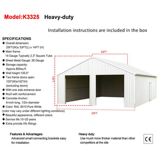 33FT x 25FT Heavy-Duty Metal Garage Barn with Reinforced Steel Frame & Dual Doors – Large Storage Shed for Vehicles, Equipment & Farm Use