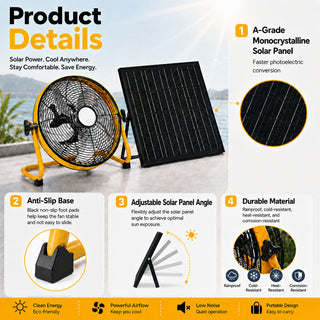 12-Inch Solar Floor Fan, 30W Adjustable Monocrystalline Panel, 1500mAh Rechargeable Battery, 3-Speed Remote & Dual Power – Yellow