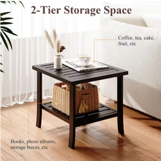 19" Square Black/Brown Metal Outdoor Side Table, 2-Tier All-Weather Patio End Table