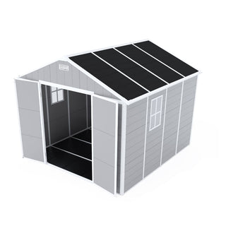 8X8 FT resin storage shed, high quality pp material, strong structure, waterproof, rust and UV proof, large storage space, 12mm thick pp board, HD window lighting