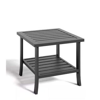 19" Square Black/Brown Metal Outdoor Side Table, 2-Tier All-Weather Patio End Table