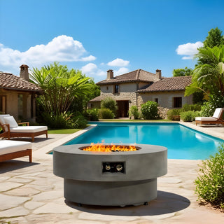 34-inch round propane fire pit Table, 50,000BTU outdoor firepit table for Outside Patio w/Round Burner Lid, Glass Rocks, Cover