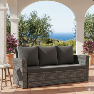 67.7" All-Weather Wicker 3-Seat Patio Sofa with Thick Blue/Biege/Gray/Black Cushions & Black Frame