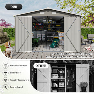 Outdoor Storage Shed 10×14 FT with 3 Lockable Doors,4 Air Vents & Sloped Roof,Utility Tool Shed Metal Storage Garden Sheds Frame and 4 Vents,for Backyard,Patio,Lawn,Light Gre