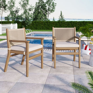 Outdoor Dining Chairs Set of 2, Acacia Wood Patio Armchair with Rope Design Back and Water Repellent Cushion