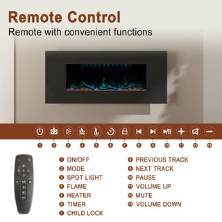 42/50/60/72 Inch Wall-Mounted Black Electric Fireplace Insert-5120 BTU with 2-Speaker Stereo Sound