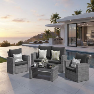 4-Piece Wicker Patio Conversation Set With Glass Table and Blue/Black/Gray Cushions