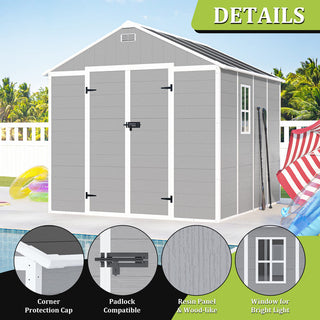 8X8 FT resin storage shed, high quality pp material, strong structure, waterproof, rust and UV proof, large storage space, 12mm thick pp board, HD window lighting