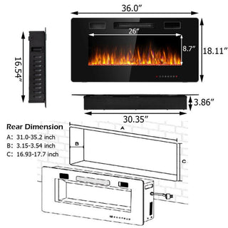 30/36/42/50/60-Inch Recessed Ultra Thin Electric Fireplace Heater with Glass Appearance