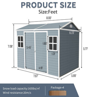 8 x 6 ft Resin Outdoor Storage Shed Waterproof Shed with Floor & Two Windows & Lockable Door, Tool Shed for Garden, Patio, Backyard,Grey/Black/White+Gray/Brown