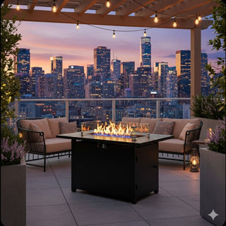 43”Width Outdoor 2-in1 Black Gas Fire Pit Table with Lid & Glass Shield, 50000 BTU CSA Certified Propane Gas Fire Pit, Rectangular Fire Table w/Stainless Burner, Lava Rock, Waterproof Cover