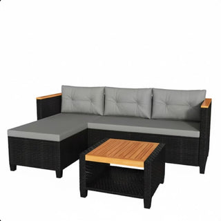 3-Piece L-Shaped Wicker Patio Set with Beige/Gray Cushions and Acacia Wood Storage Table