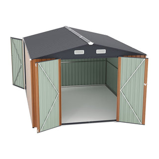 Outdoor Storage Shed 9×11 FT with 3 Lockable Doors,Utility Tool Shed Metal Storage Garden Sheds 4 Vents,Metal Sheds with Galvanized Steel Frame,for Backyard,Patio,Lawn,yellow