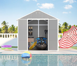 8X8 FT resin storage shed, high quality pp material, strong structure, waterproof, rust and UV proof, large storage space, 12mm thick pp board, HD window lighting