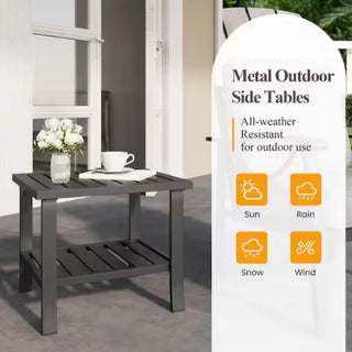 19" Square Black/Brown Metal Outdoor Side Table, 2-Tier All-Weather Patio End Table