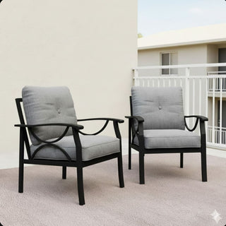 Set of 2 All-Weather Metal Armchairs, Black/Khaki Frame with Gray/Beige Cushions